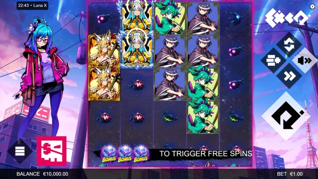 Tampilan visual futuristik dan neon dari slot Luna X dengan karakter anime.