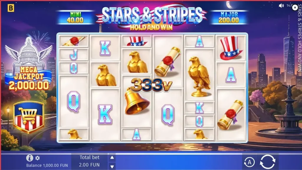 Tampilan visual slot Stars & Stripes Hold and Win dengan tema patriotik dan kembang api